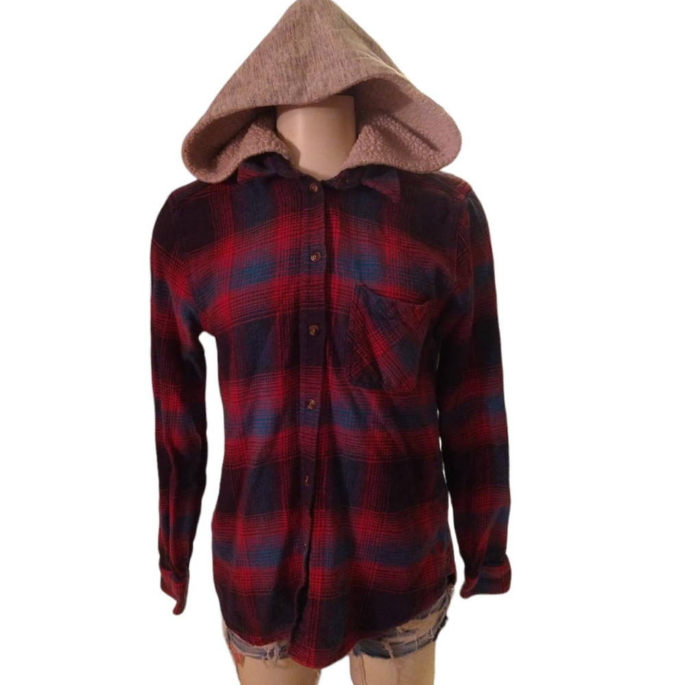 vintage boyfriend red plaid hooded flannel American Eagle size small